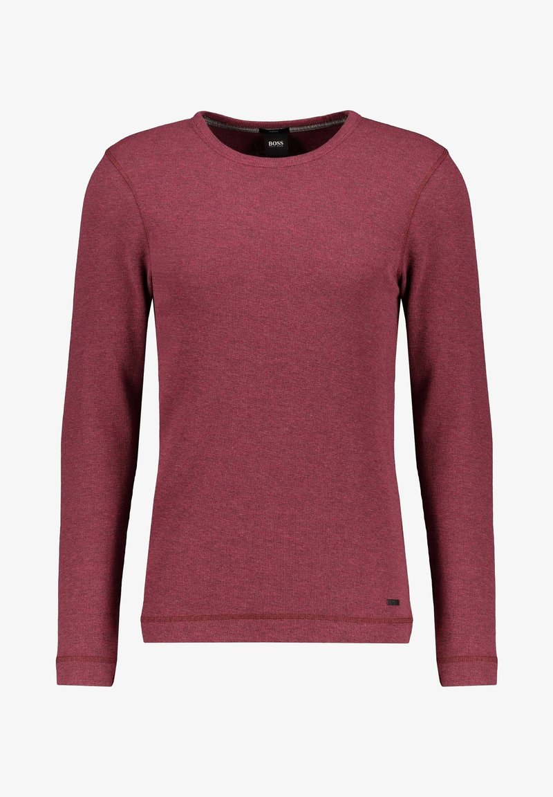 Bordeauxroter Sweatshirt mit langen Ärmeln aus strukturiertem Stoff. Verfügt über einen Rundhalsausschnitt, gerippte Bündchen und ein kleines Logotag unten links.