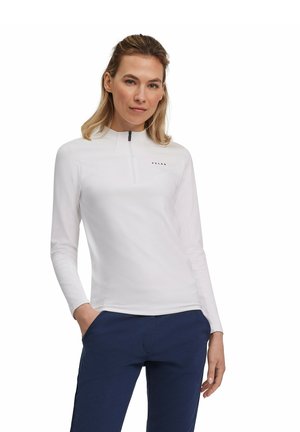 White long-sleeve top with a high collar and a zip, featuring subtle branding on the chest, made from a smooth, lightweight material.