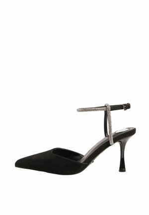 Pantofii slingback din suede negru, cu vârf ascuțit, prezentând un toc subțire stil stiletto și un accent strălucitor din rhinestones pe brățara de gleznă.