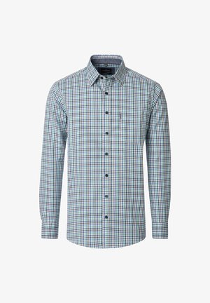Langarm-Herrenhemd zum Zuschneiden mit blau-grün-weiß kariertem Muster und einer Brusttasche vor weißem Hintergrund.