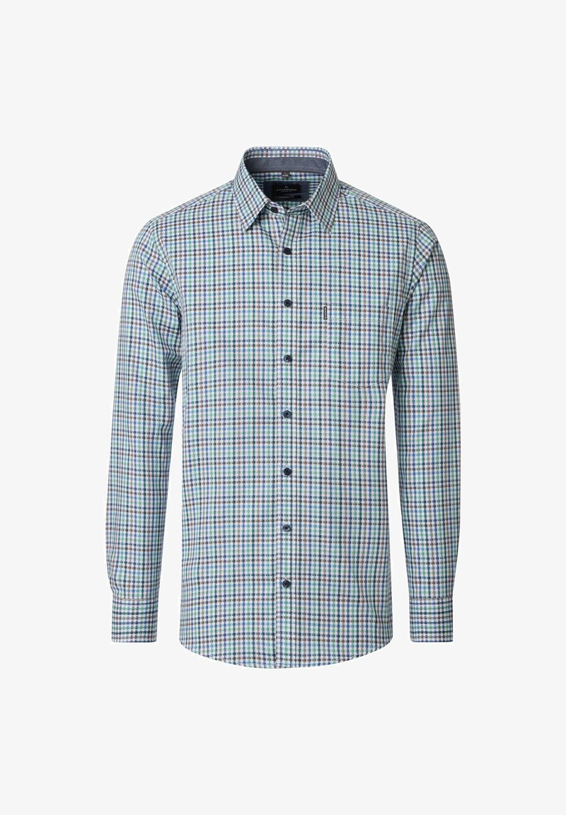 Long-sleeve men's button-up shirt with blue, green, and white checkered pattern and a chest pocket on a white background.