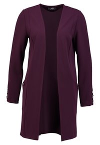 Ciemnofioletowy, długi żakiet z otwartym przodem, z długimi rękawami i ozdobnymi guzikami przy nadgarstkach oraz kieszeniami na biodrach po obu stronach.