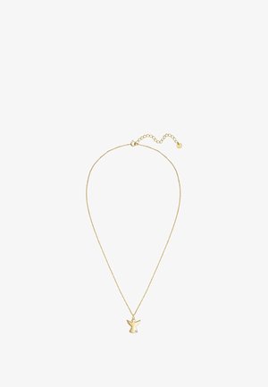 Guldsmykke med en delikat kæde og et engleformet vedhæng med en lille diamantdetalje. Enkel design og glat tekstur.