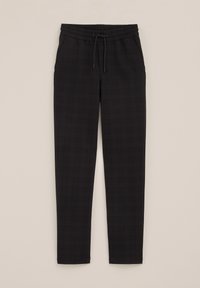 Pantaloni cu carouri negre, cu talie elastică, șnur de ajustare, două buzunare frontale și un design cu piciorul evazat. Material texturat cu un model în grilă.