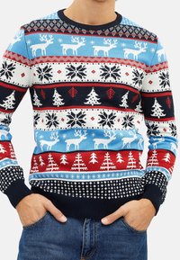 Homme portant un pull de Noël coloré avec des motifs de rennes, de flocons de neige et d'arbres en bleu, rouge, blanc et noir.