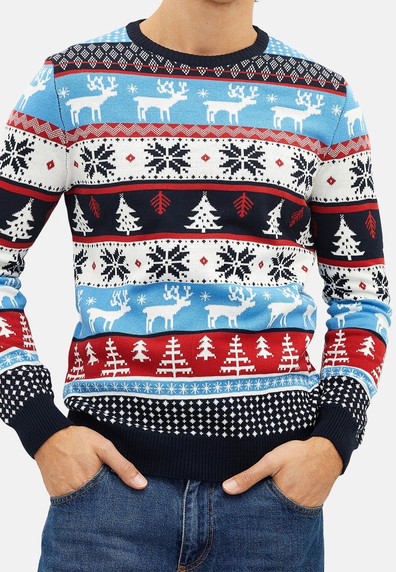 Homme portant un pull de Noël coloré avec des motifs de rennes, de flocons de neige et d'arbres en bleu, rouge, blanc et noir.