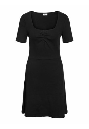 Juoda trumpomis rankovėmis su puoščiu kvadratine iškirpte su priekyje surinkta medžiaga ir platėjančia sijono dalimi su šoniniais plyšiais.