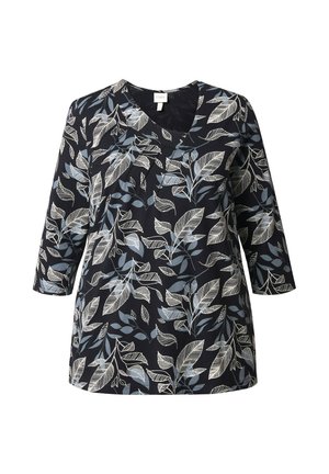 Camicia tunica marina con maniche a 3/4, caratterizzata da un motivo di foglie bianche e azzurro chiaro su un tessuto morbido e leggero. Design con scollatura a V.