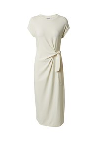 Cremfarbendes Midi-Kleid mit kurzen Ärmeln, Rundhalsausschnitt und einer seitlichen Knoten-Detail. Hergestellt aus glattem Stoff mit einer figurbetonten Silhouette.