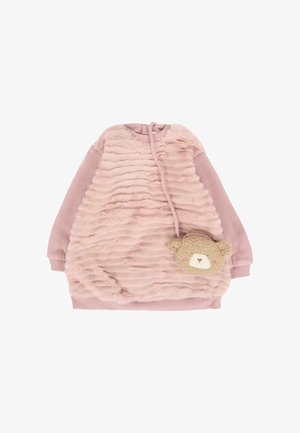 Pinkes, langärmeliges, flauschiges Kleid mit gerippten Bündchen und Saum, mit einer strukturierten Vorderseite und einer kleinen, an einem Riemen befestigten Tasche in Teddyform.