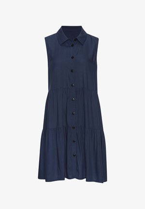 Marineblaues ärmelloses Kleid mit Knopfleiste vorne, Kragen und schichtweise gestaltetem Rock. Hergestellt aus weichem Stoff mit glatter Textur.