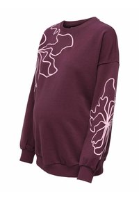 Sweatshirt de maternité en bordeaux foncé, avec un motif floral en ligne rose. Manches longues avec des poignets et un ourlet côtelés pour une coupe décontractée.