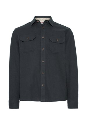 Mørkegrå langermet skjorte laget av teksturert stoff, med to brystlommer, brune knapper og en kontrastfarget kragefôr.