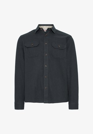 Mørkegrå langermet skjorte laget av teksturert stoff, med to brystlommer, brune knapper og en kontrastfarget kragefôr.