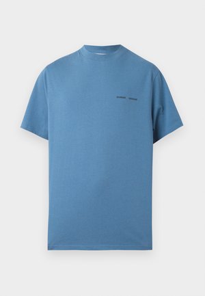 Blue cotton t-shirt with a crew neck, short sleeves, and a relaxed fit. Features black printed text "SAMSOE SAMSOE" on the front.