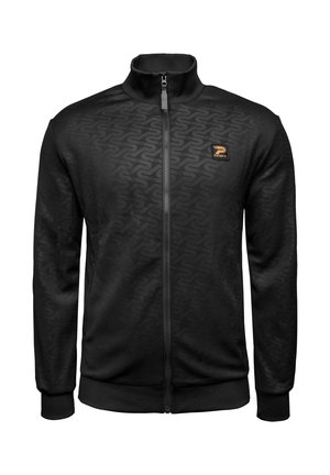 Zwarte zip-up jacket gemaakt van soepel, lichtgewicht stof. Heeft een subtiel patroon, hoge kraag en een klein oranje logo op de borst.