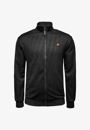 Sort zip-up jakke lavet af glat, let materiale. Har et subtilt mønster, høj krave og et lille orange logo på brystet.