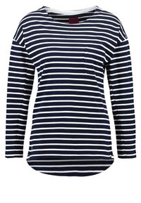 Marinblå och vit randig långärmad skjorta med rund halsringning och framficka, försedd med rundad nederkant och mjuk tygkvalitet.