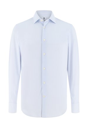 Hellblaues, langärmliges Hemd mit Knopfleiste, feinem Streifenmuster, spitzem Kragen und sechs cremefarbenen Knöpfen vorne. Glatte Stoffstruktur.