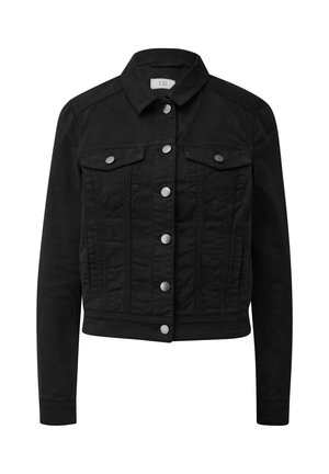 Zwarte spijkerjasje met zilveren knopen, twee borstklepzakken, steekzakken en een klassieke kraag.