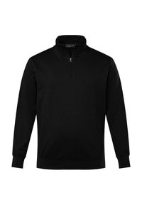 Sudadera negra de media cremallera en una suave tela texturizada, con mangas largas y un bolsillo frontal. Cuenta con un cuello alto y puños elásticos.