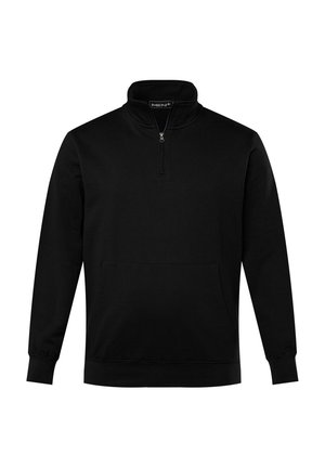 Sudadera negra de media cremallera en una suave tela texturizada, con mangas largas y un bolsillo frontal. Cuenta con un cuello alto y puños elásticos.