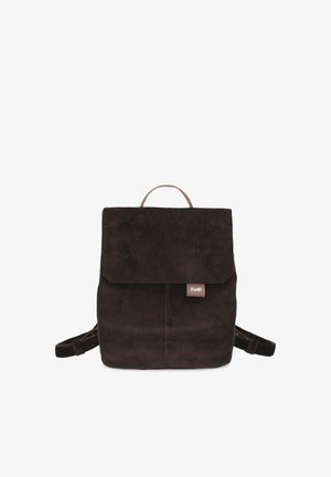 Dunkelbrauner Cordrucksack mit Klappdeckel, Tragegriff oben, verstellbaren Schulterriemen und kleinem Markenetikett vorne.