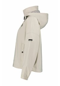 Hellbeige wasserdichte Jacke mit Kapuze, elastischen Bündchen, Seitentaschen und einem Logodetail am Ärmel. Glatte, matte Oberfläche.