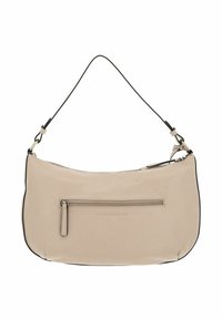 Sac à bandoulière en cuir beige avec une forme élégante et courbée, garniture noire, et une poche zippée à l'avant. Comprend une sangle courte amovible.