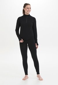 Sort, langærmet aktivt tøj med kvart-lynlås krave, parret med sorte, tætsiddende leggings. Glat tekstur, minimalistisk design.