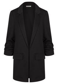 Veste noire avec col cranté, devant ouvert et deux poches avant ; confectionnée dans un tissu lisse avec manches retroussées.