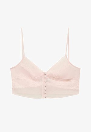 Bralette en dentelle rose avec des bretelles ajustables, une base en tissu doux et des détails de boutons délicats sur le devant.