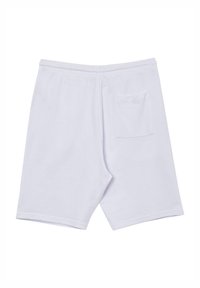 Pantaloni corti bianchi in cotone con vita elasticizzata, dotati di una tasca posteriore singola sul lato destro e una superficie liscia.