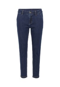 Jeans en denim bleu marine avec une coupe slim, conception à cinq poches, couture contrastante et fermeture à un bouton à la taille.