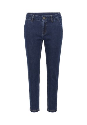 Jeans en denim bleu marine avec une coupe slim, conception à cinq poches, couture contrastante et fermeture à un bouton à la taille.