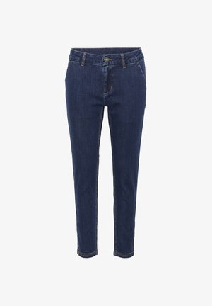 Marina blå denimjeans med slim fit, femfickorsdesign, kontrasterande sömmar och en enkel knappstängning vid midjan.