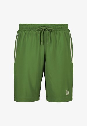 Shorts verts avec une taille élastique et un cordon de serrage. Deux poches latérales avec des zips blancs. Matière lisse et légère. Logo sur l'ourlet.