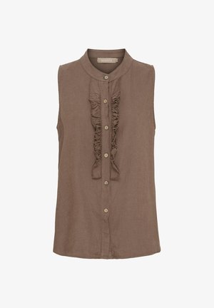 Brun ærmeløs bluse med rund krave, frontlukning med knapper og lodret flæse detalje langs midten. Fremstillet af letvægtsstof.