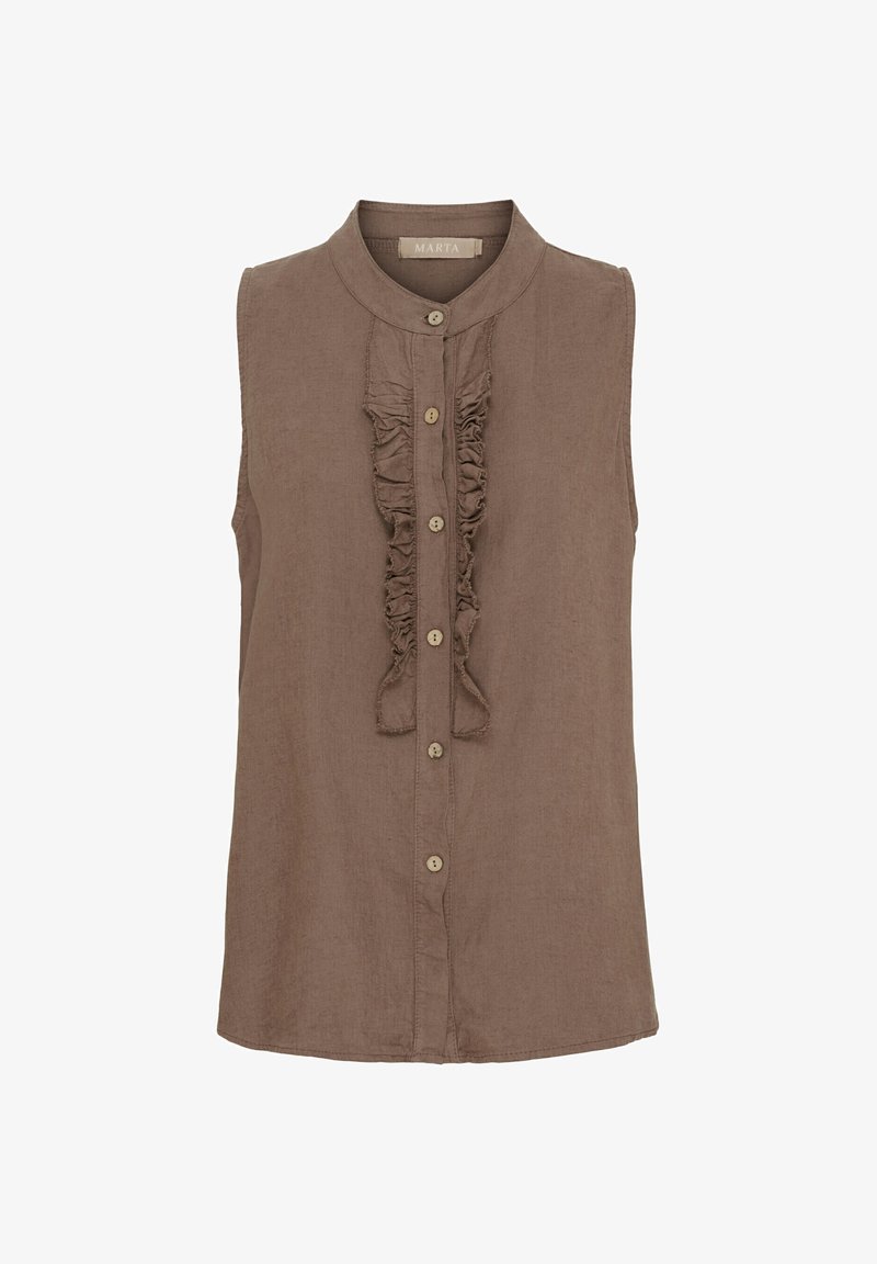 Brun ærmeløs bluse med rund krave, frontlukning med knapper og lodret flæse detalje langs midten. Fremstillet af letvægtsstof.