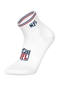 White crew socks featuring a red and blue striped cuff, with "NFL" logo and emblem embroidered in blue and red on the sides.
