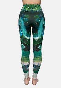 High-waisted leggings with a glossy, painted abstract pattern featuring green, blue, and black hues. Soft, stretchy fabric; fitted design.