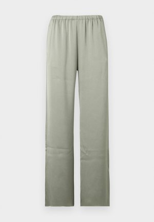 Pantalon vert clair à jambes droites avec ceinture élastique, tissu lisse, sans poches apparentes ni ornements, présenté sur un fond uni.