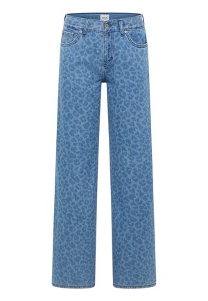 Kék, bő szárú farmer, enyhén sötétebb leopárdmintával, elöl gombos, öt zsebes kialakítással.