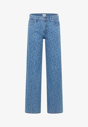 Kék, bő szárú farmer, enyhén sötétebb leopárdmintával, elöl gombos, öt zsebes kialakítással.