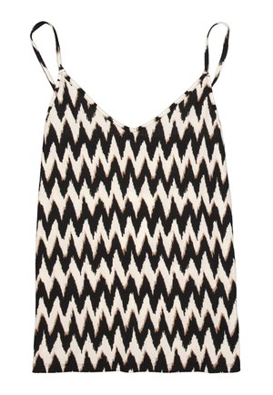 Schwarz-weiß gemustertes Camisole mit Zickzackmuster aus strukturiertem Stoff, mit dünnen Trägern und V-Ausschnitt.