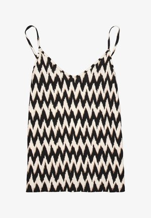 Schwarz-weiß gemustertes Camisole mit Zickzackmuster aus strukturiertem Stoff, mit dünnen Trägern und V-Ausschnitt.