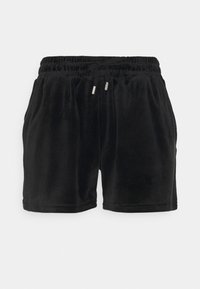 Black velour shorts with an elastic waistband, drawstring closure, and two side pockets. Smooth texture and relaxed fit.