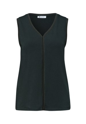 Zwart mouwloos topje met V-hals en subtiele decoratieve rand langs de halslijn en de voorste middennaad, platliggend op een witte achtergrond.