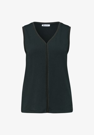 Zwart mouwloos topje met V-hals en subtiele decoratieve rand langs de halslijn en de voorste middennaad, platliggend op een witte achtergrond.