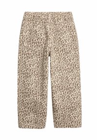 Pantaloni con stampa leopardata in beige e marrone, dotati di vita elastica e due tasche posteriori, realizzati in un tessuto morbido e texturizzato.
